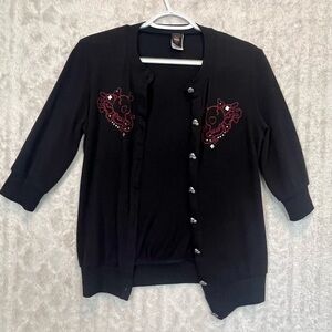 Vintage Sweet Love Metal Skull Buttons Embroidered Black Cardigan Sweater Sz M